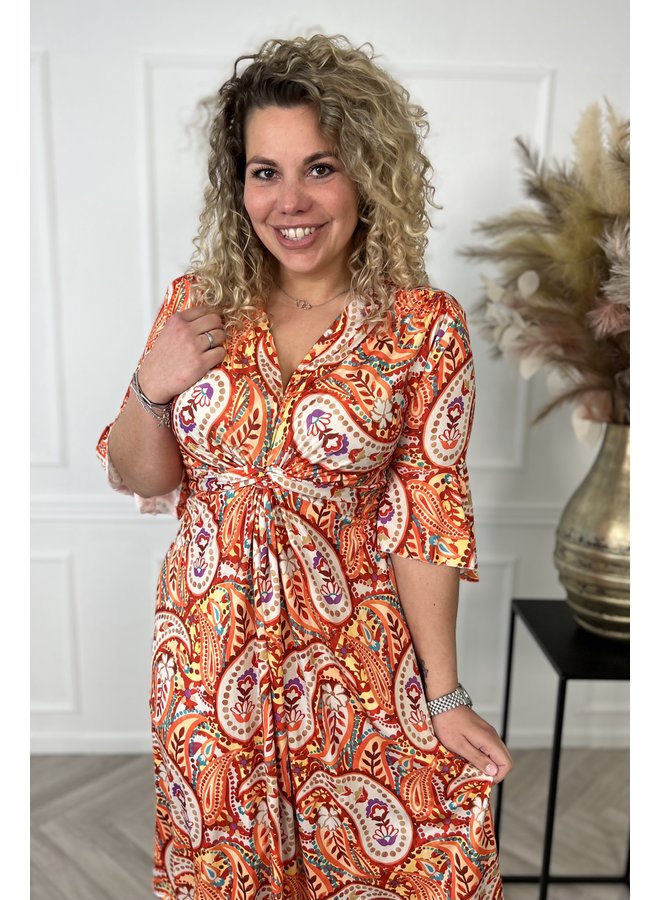 Curvy Short Knotted Paisly Dress - Orange/Red