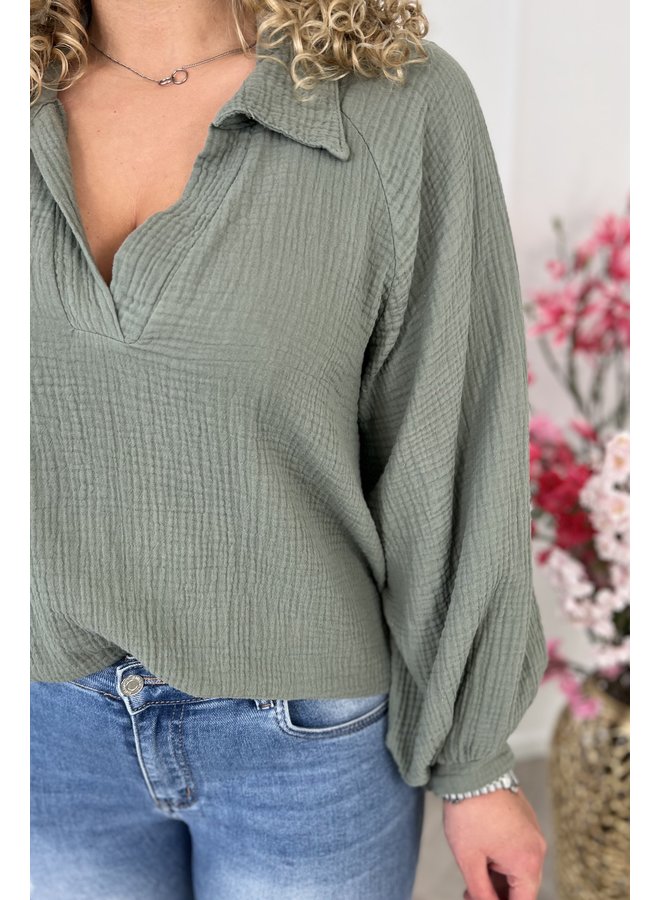 April Cotton V Neck Blouse - Sage