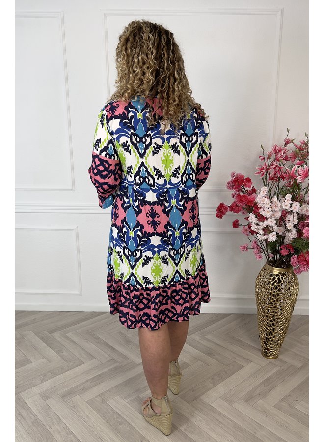 Short Spring Print Dress - White/Navy/Pink/Blue/Green