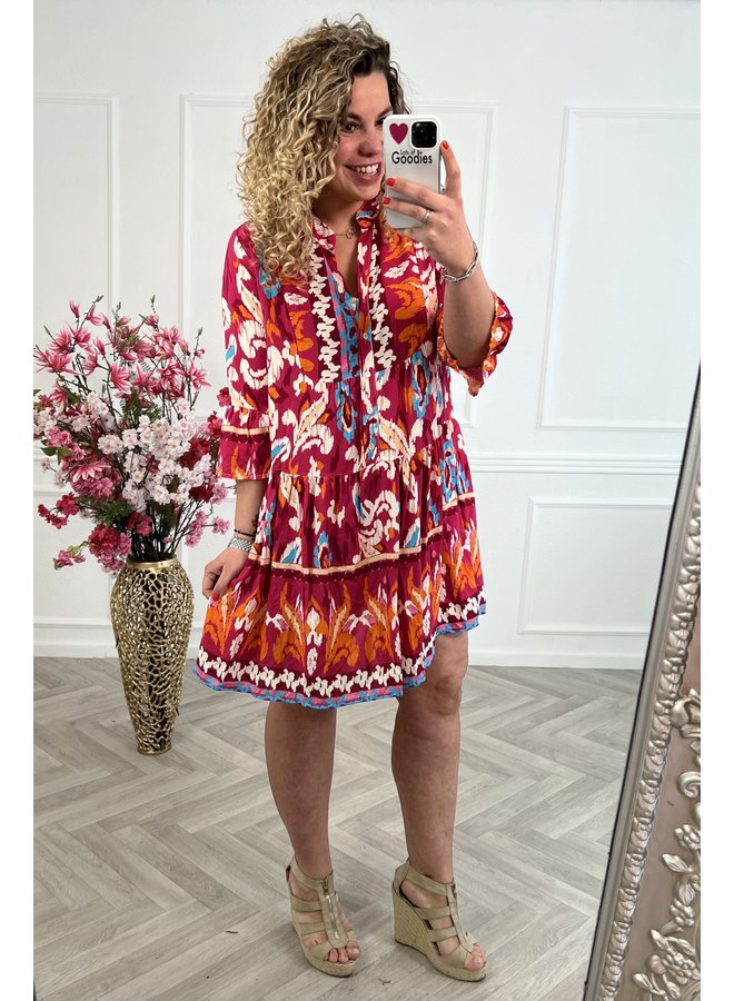 Ruffle Print Dress - Fuchsia/Orange/Blue