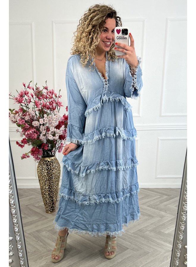 Maxi Denim Ruffle Dress - Light Blue