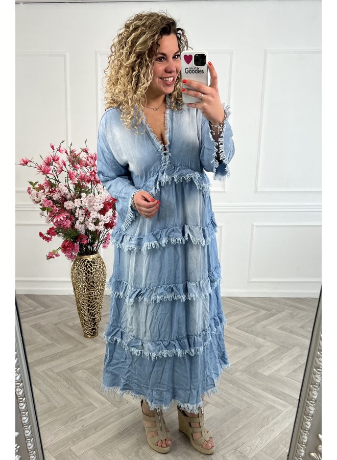 Maxi Denim Ruffle Dress - Light Blue