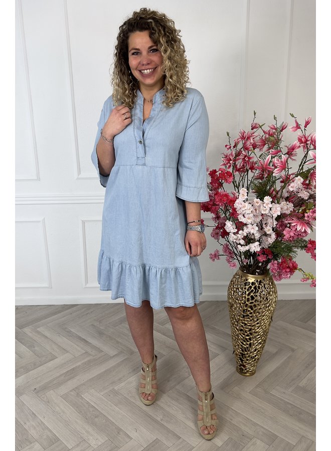 Short Button Denim Dress - Light Blue