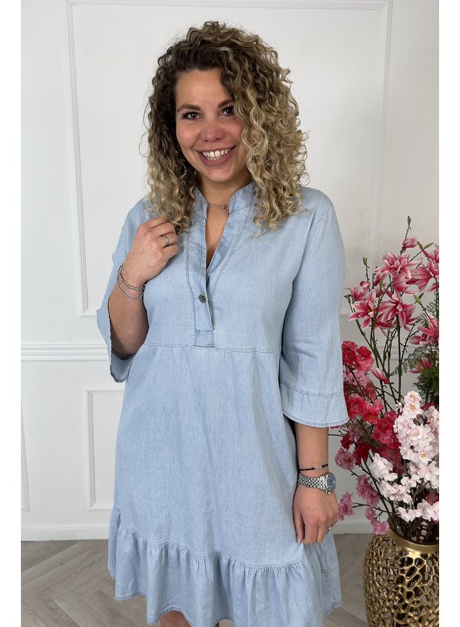 Short Button Denim Dress - Light Blue