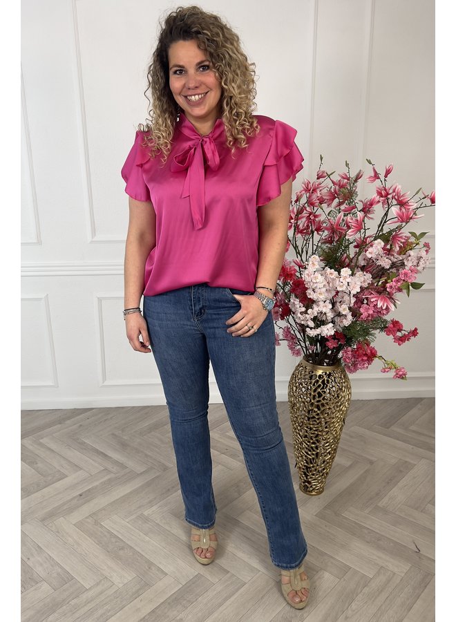 Silky Short Ruffle Sleeve Blouse - Fuchsia