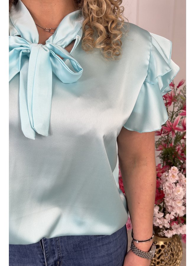 Silky Short Ruffle Sleeve Blouse - Turquoise