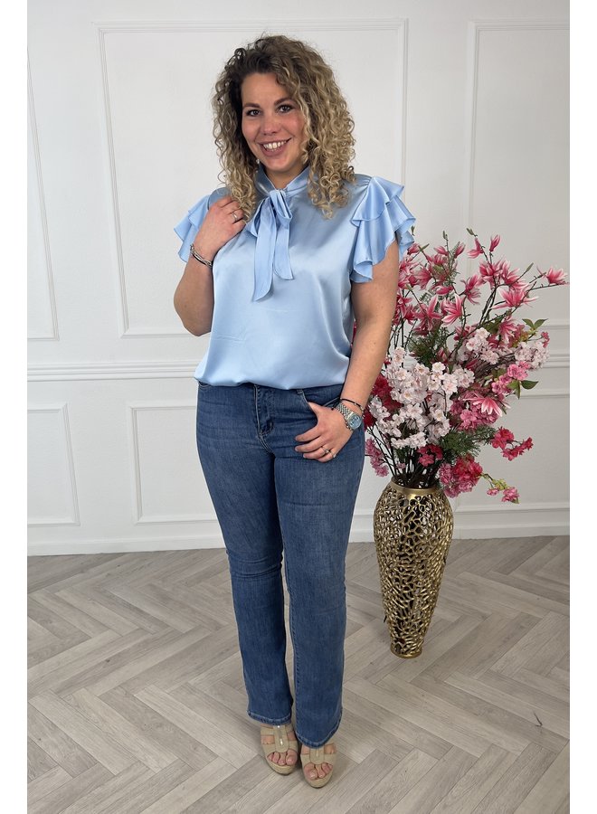 Silky Short Ruffle Sleeve Blouse - Light Blue