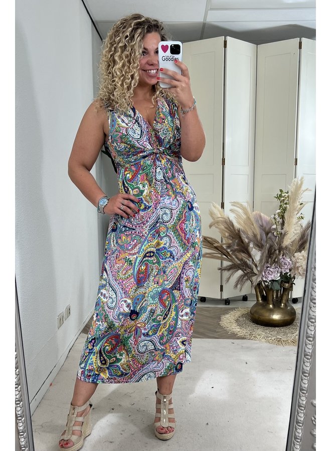 Maxi Knotted Paisley Dress - Green/Blue/Pink