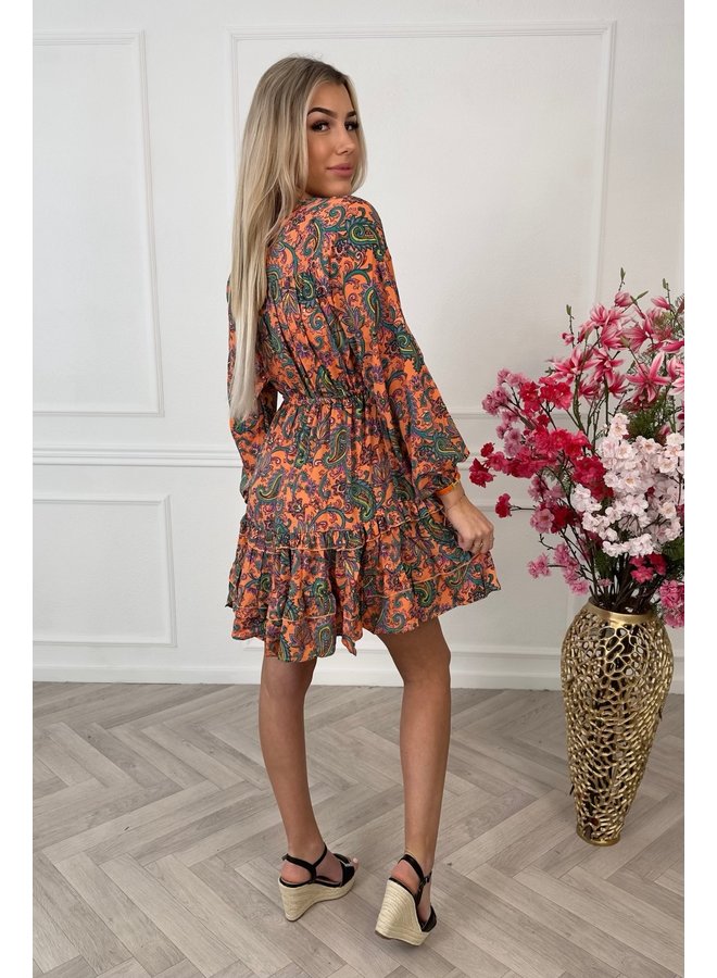 Long Sleeve Short Dress - Orange/Petrol