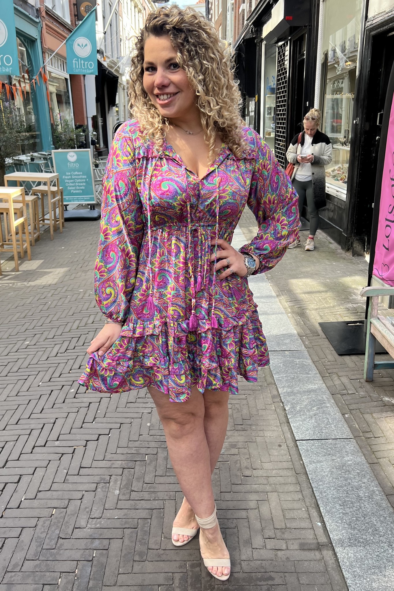 Long Sleeve Short Dress Purple Green Yellow