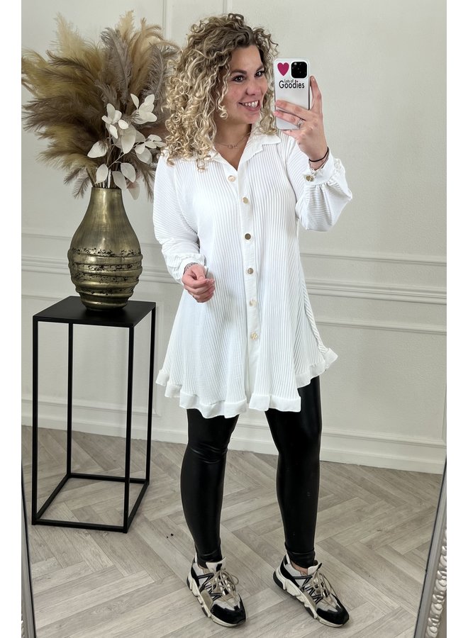 Gold Button Plisse Tunic - White