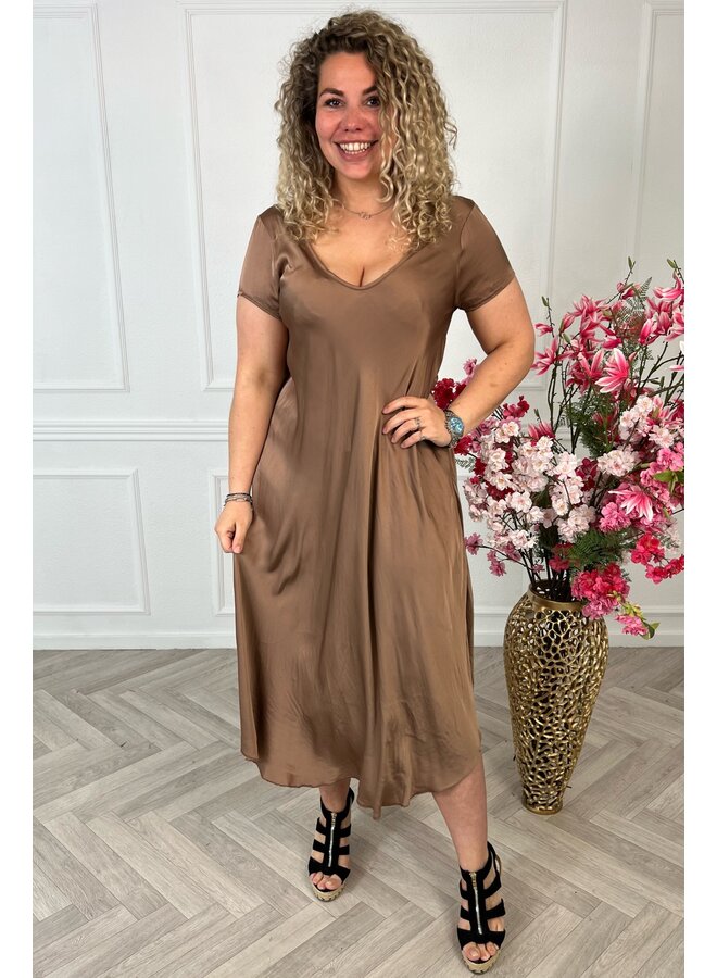 Curvy Silky A Line Dress - Brown