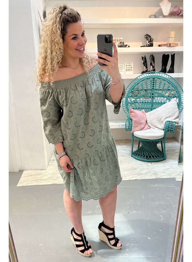 Off Shoulder Broderie Dress - Armygreen