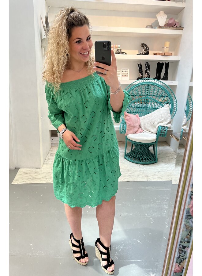 Off Shoulder Broderie Dress - Bright Green