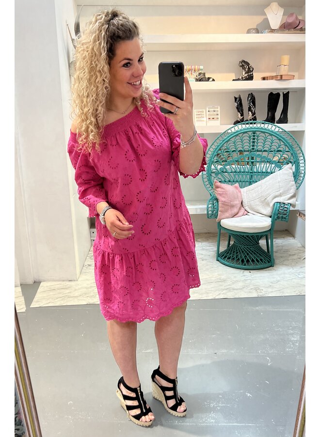 Off Shoulder Broderie Dress - Fuchsia