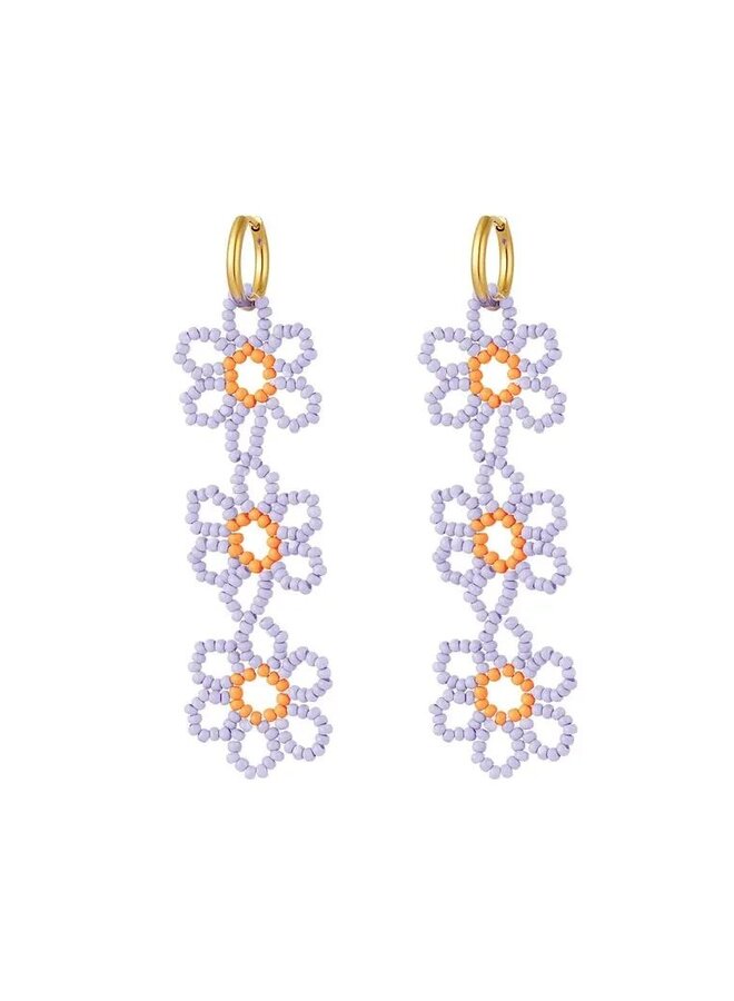 Beaded Flower Earrings - Gold/Lila/Orange