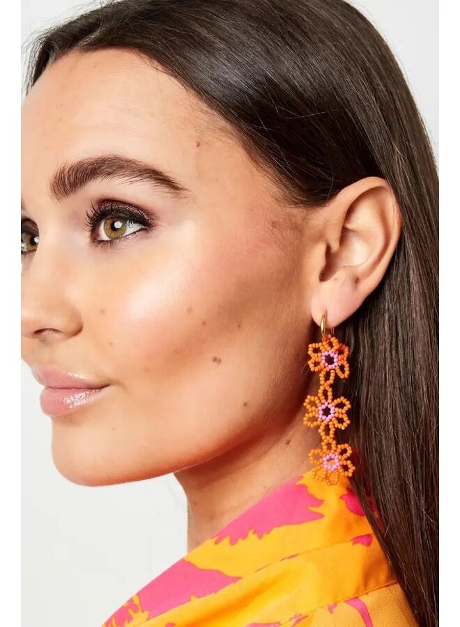 Beaded Flower Earrings - Gold/Orange/Fuchsia