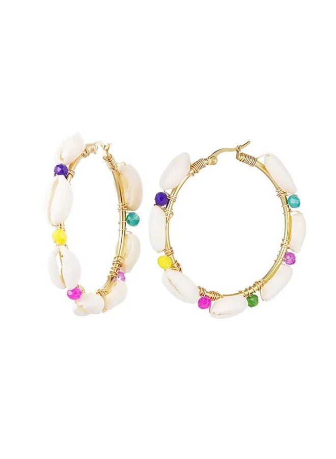 Shell Hoop Earrings - Gold/Multi Color