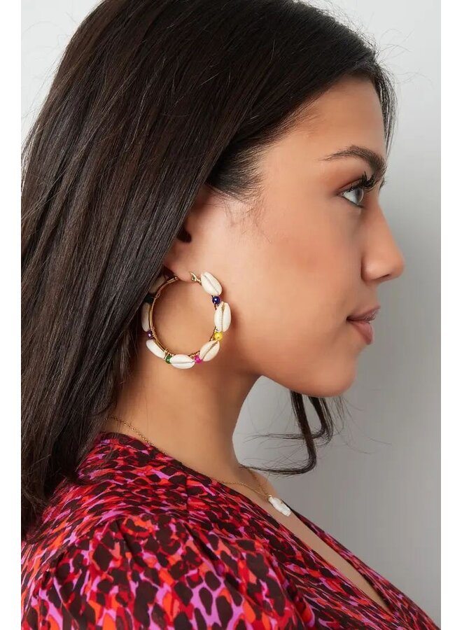 Shell Hoop Earrings - Gold/Multi Color