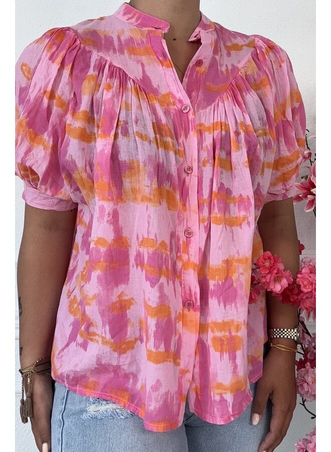 Short Balloon Sleeve Blouse - Light Pink/Fuchsia/Orange