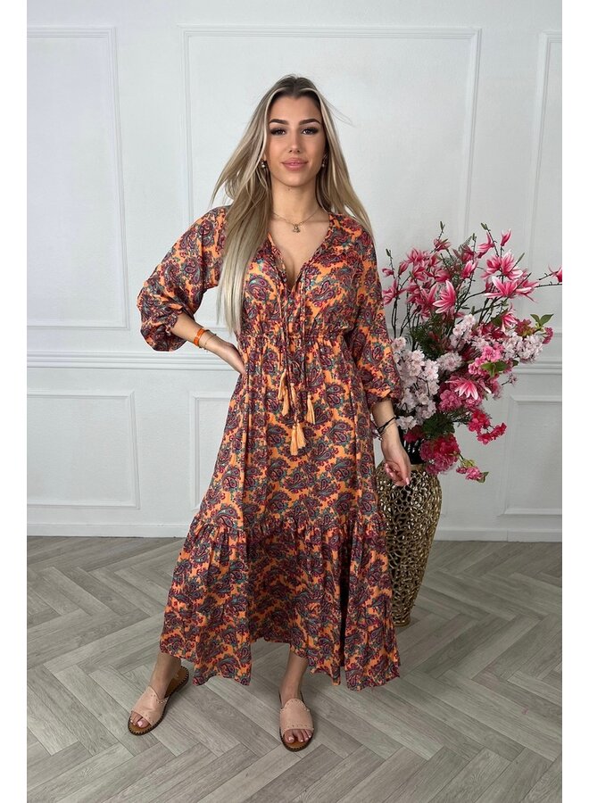 Maxi Long Sleeve Dress - Orange/Petrol/Gold