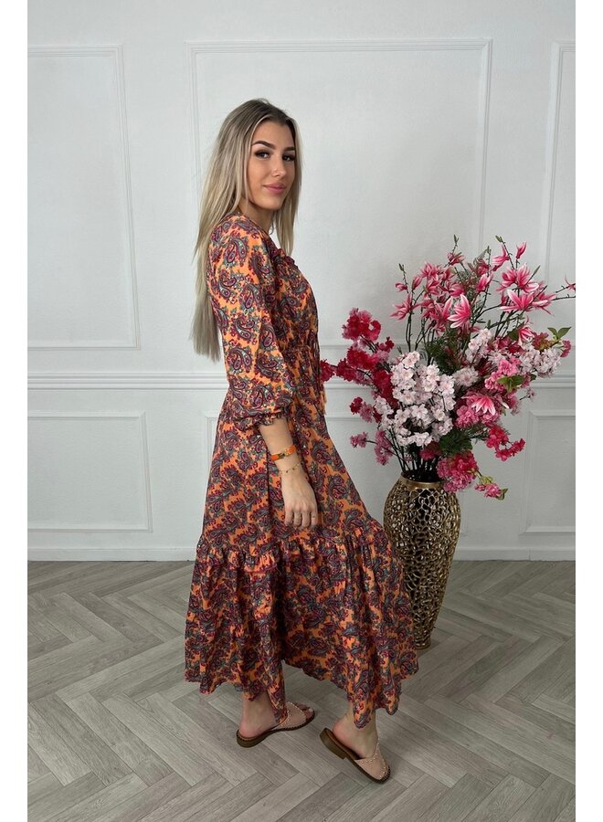 Maxi Long Sleeve Dress - Orange/Petrol/Gold