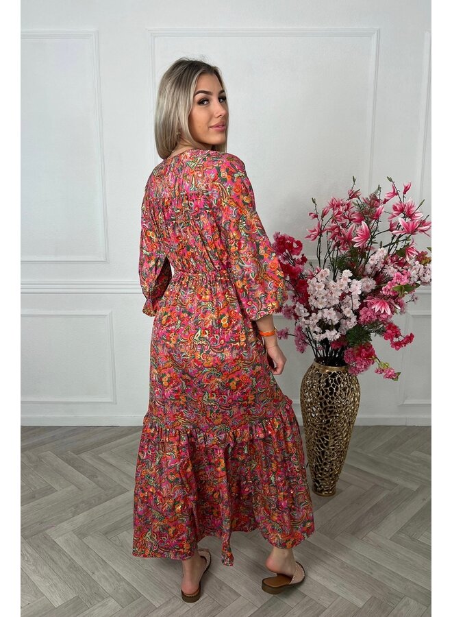 Maxi Long Sleeve Dress - Fuchsia/Orange/Green