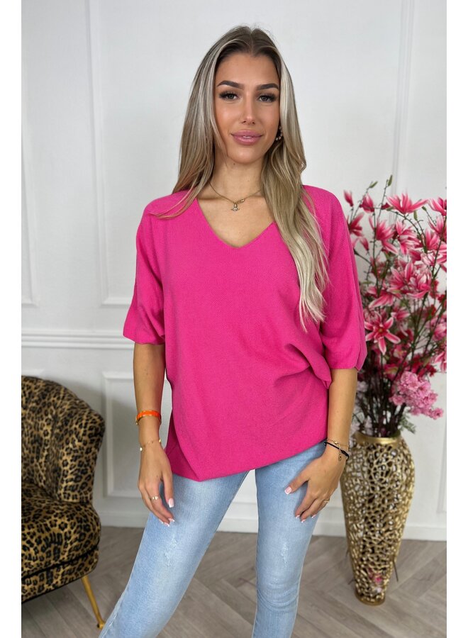 V Neck Bat Sleeve Sweater - Fuchsia