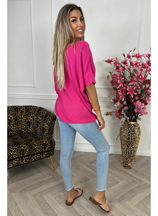 V Neck Bat Sleeve Sweater - Fuchsia