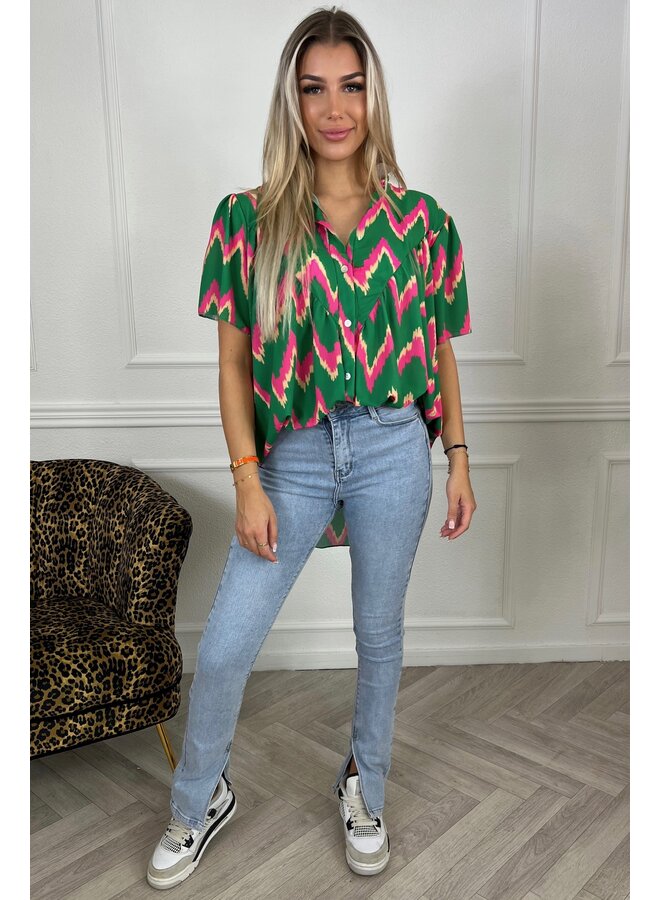 Waves Short Sleeve Blouse - Green/Fuchsia