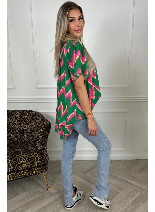 Waves Short Sleeve Blouse - Green/Fuchsia