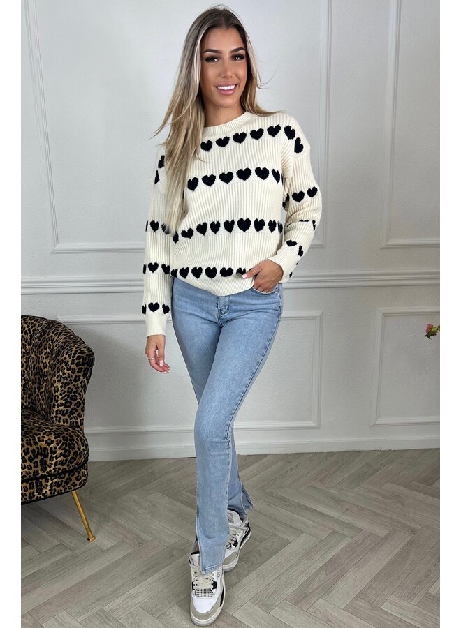 Knitted Heart Sweater - Creme/Black