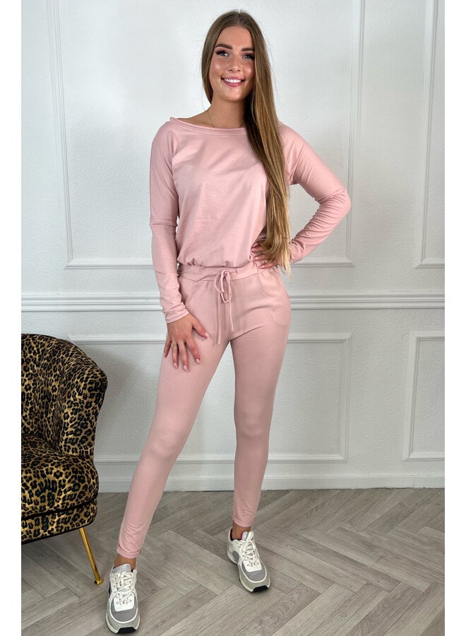 Comfy Long Sleeve Jumpsuit - Light Pink