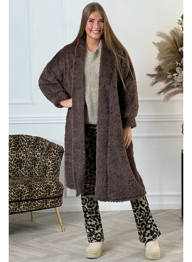 Long Fake Fur Coat - Brown