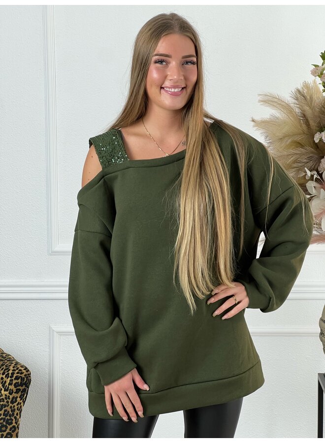 Plus Size Sparkle Open Shoulder Sweater - Armygreen