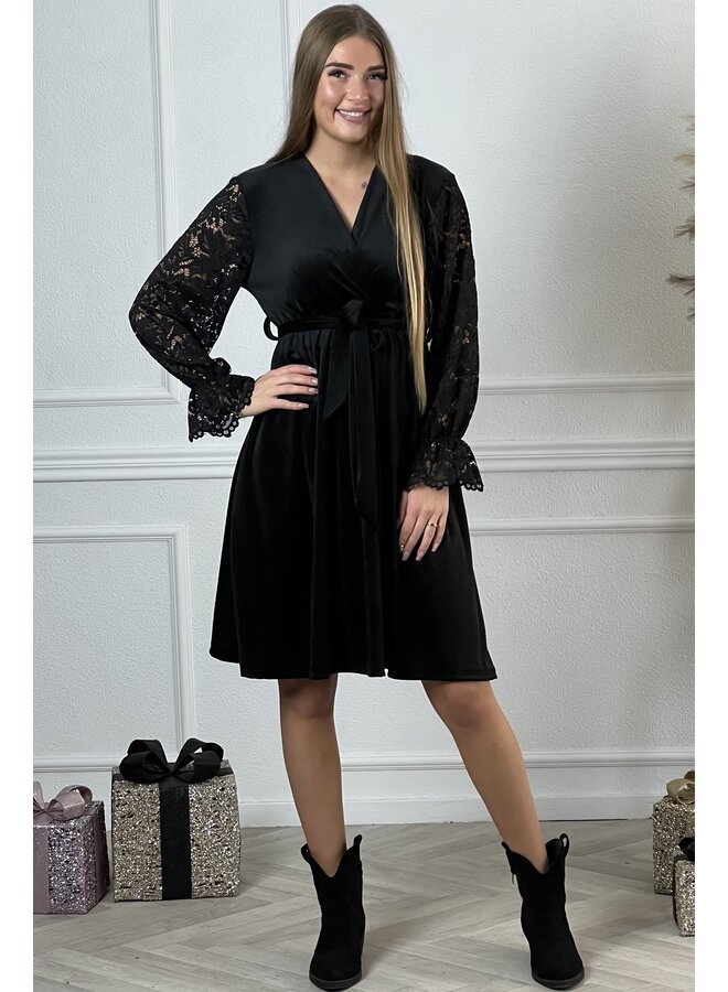 Regular Velvet Lace Dress - Black