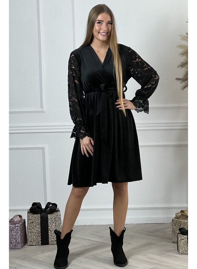 Regular Velvet Lace Dress - Black