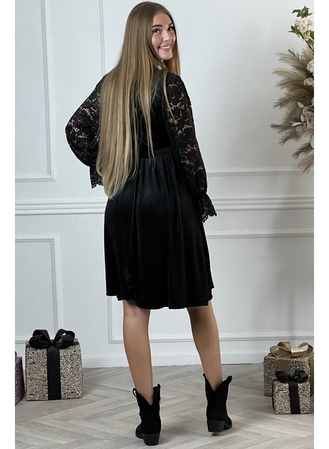 Regular Velvet Lace Dress - Black