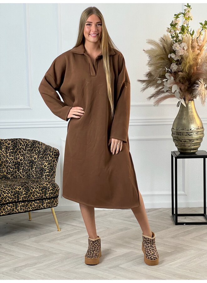 Comfy V Neck Sweater Dress - Brown