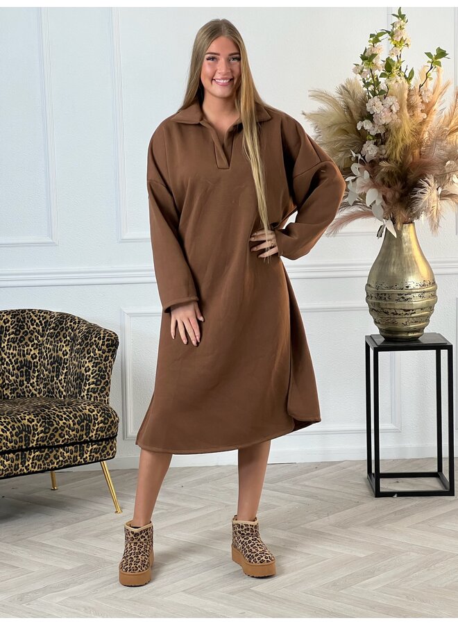 Comfy V Neck Sweater Dress - Brown