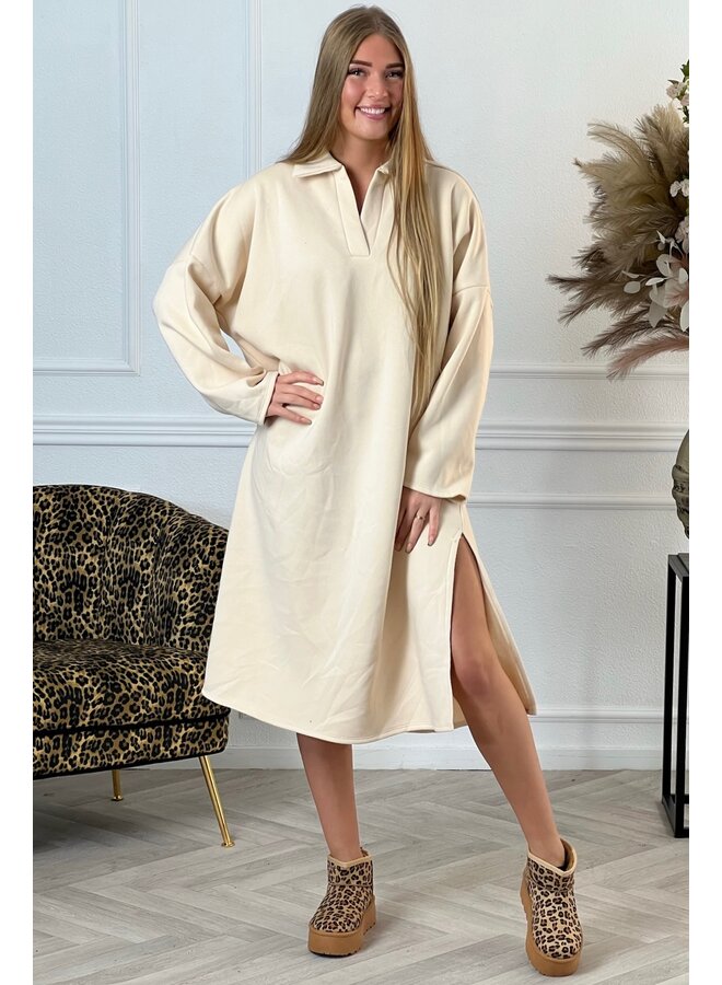 Comfy V Neck Sweater Dress - Creme