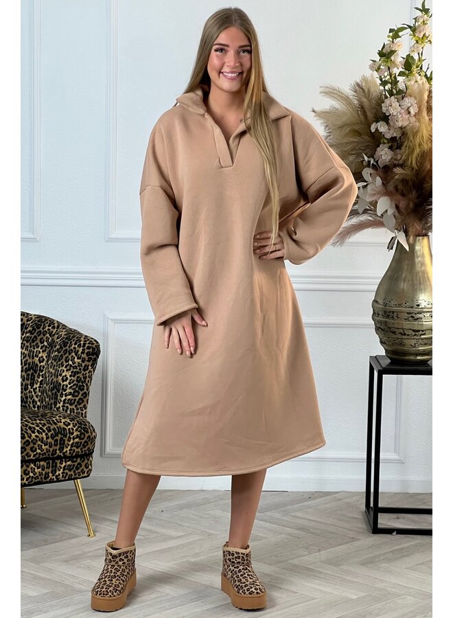 Comfy V Neck Sweater Dress - Camel