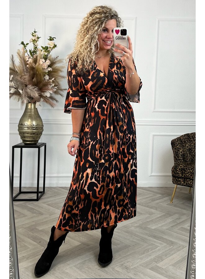 Curvy Knotted Leopard Dress - Black/Rusty/Brown