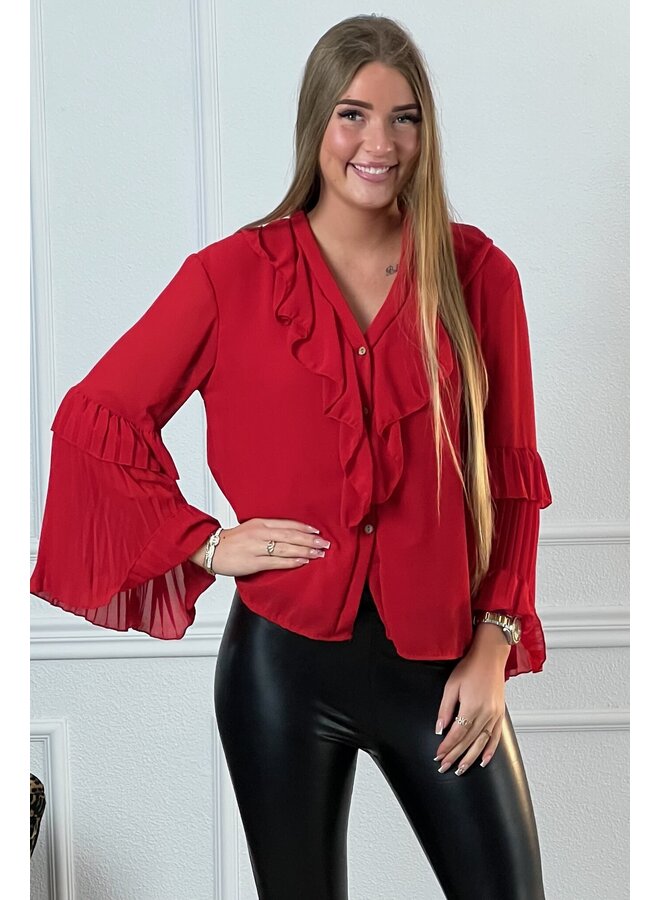 Plisse Sleeve Blouse - Red