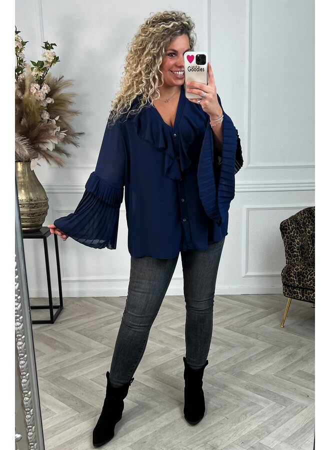 Curvy Plisse Sleeves Blouse - Navy