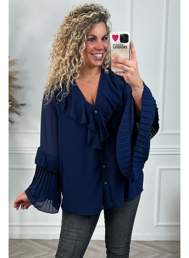 Curvy Plisse Sleeves Blouse - Navy