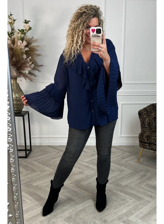 Curvy Plisse Sleeves Blouse - Navy