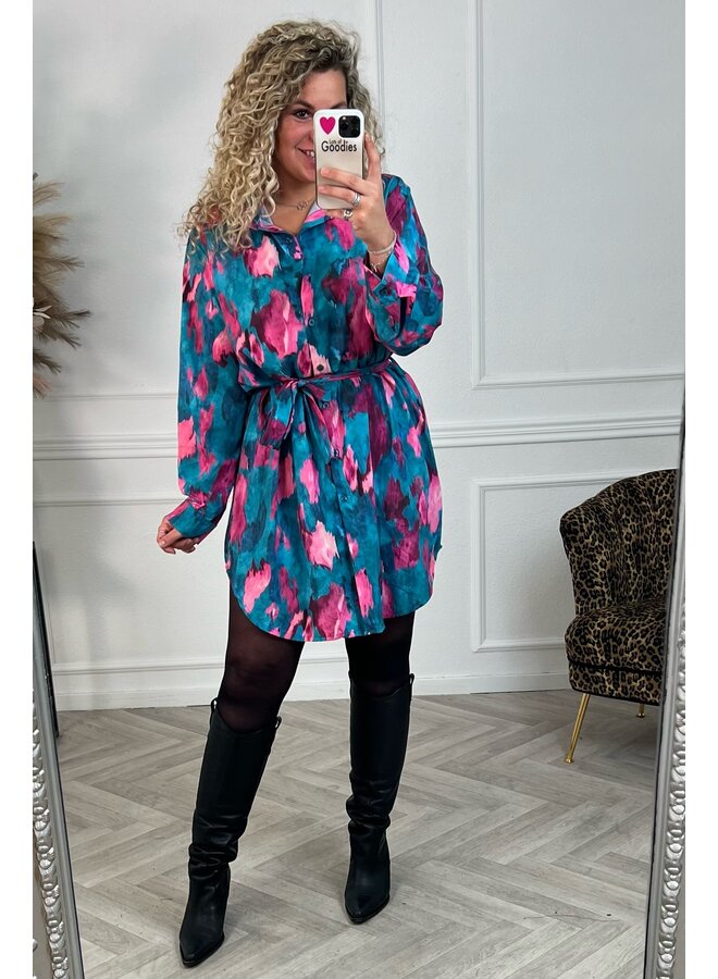 Curvy Strik Blouse Dress - Turquoise/Pink