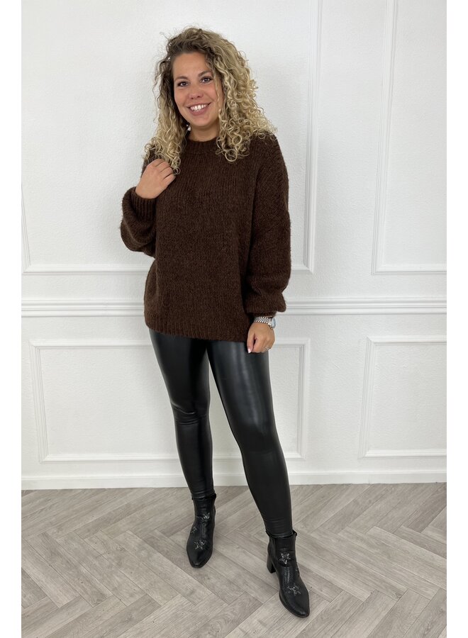 Cozy Knitted Balloon Sleeve Sweater - Brown