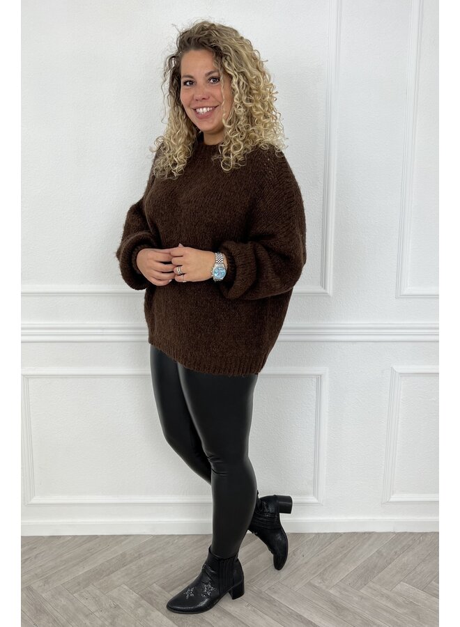 Cozy Knitted Balloon Sleeve Sweater - Brown